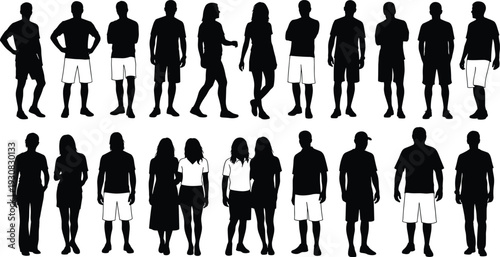 People silhouettes collection, men and women standing and walking poses in casual shorts and t shirts, everyday lifestyle crowd, black vector illustration