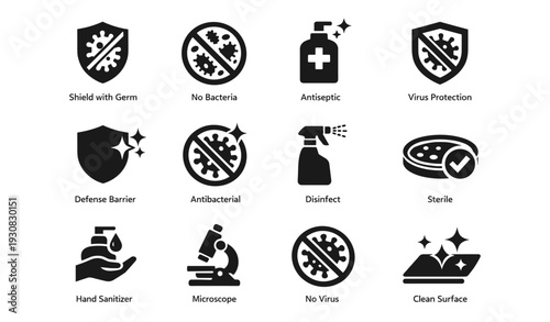 Antiseptic and germ-free symbols highlighting hygiene and viral protection