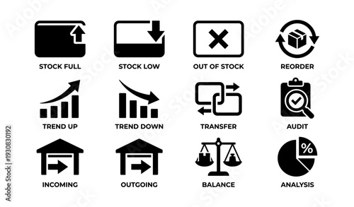 Inventory management icons: stock levels, trends, transfers, and analysis