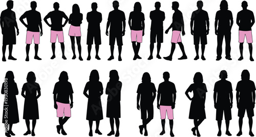 People silhouettes collection, men and women standing poses with highlighted shorts, casual summer clothing concept, lifestyle fashion crowd, black vector illustration