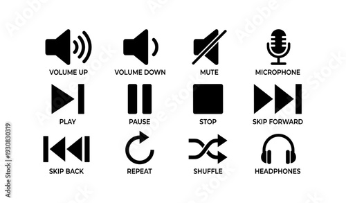 Audio control icons set: volume, mute, play, pause, stop, rewind, microphone