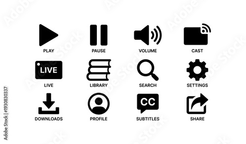 Set of twelve media control icons for digital interface design