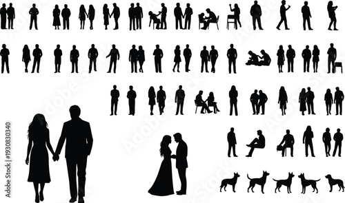People silhouettes collection, men women couples families and pets, social interactions and daily life scenes, standing sitting poses, black vector illustration