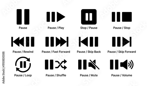 Media playback icon set featuring pause, play, stop, rewind, fast forward, loop, shuffle, mute, volume