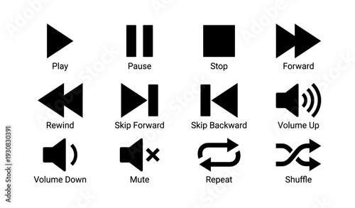 Media control icons: play, pause, stop, forward, rewind, volume, repeat, shuffle
