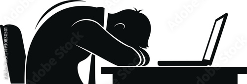 Exhausted business person sleeping at desk with laptop burnout stress fatigue overwork concept silhouette illustration isolated on white background