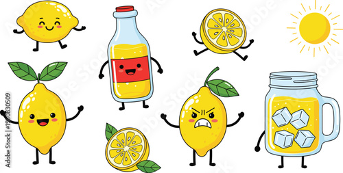 Cute kawaii lemon characters set with juice bottle glass and citrus slices summer drink vector illustration collection