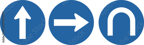 Mandatory traffic direction signs showing straight ahead right turn and u turn symbols isolated blue circle vector illustration collection