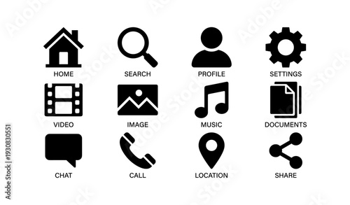 Black icon set featuring home, search, profile, settings, video, image, music, documents, chat, call, location, share