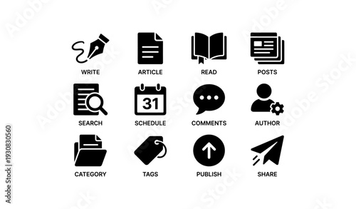 Blog management icons: write, read, schedule, publish for efficient content creation