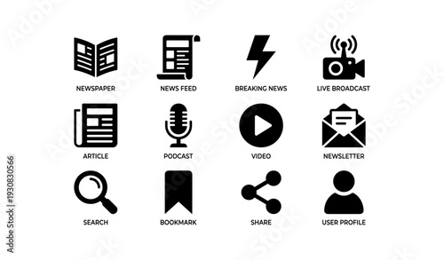 Media icons set: newspaper, podcast, video, email, social features