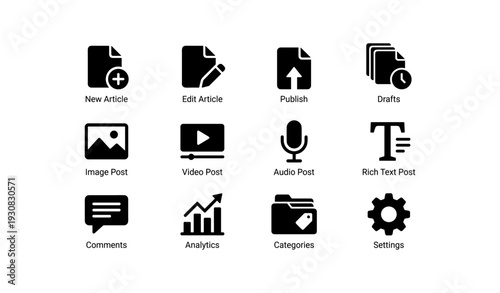 Icon set for content management: article, media, analytics, settings