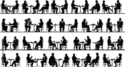 People silhouettes sitting at cafe tables, social interactions, business meetings, conversations, lifestyle scenes, urban coffee shop atmosphere, isolated black vector