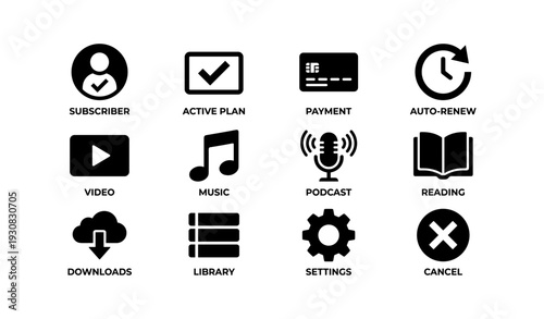 Media and subscription service icons set: music, video, payment, library, settings