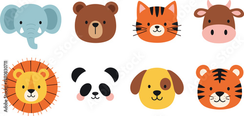 Cute animal face icons collection with elephant bear cat cow lion panda dog and tiger vector illustration set