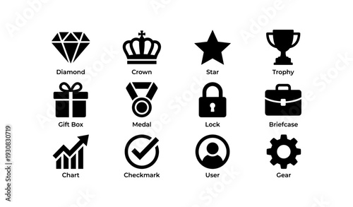 Set of black silhouette icons: diamond, crown, star, trophy, gift, medal, lock, briefcase, chart, checkmark, user, gear