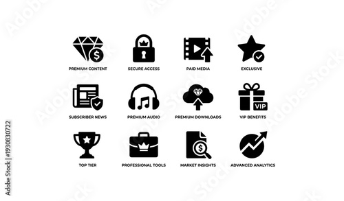 Premium content icons: secure access, vip benefits, advanced analytics, market insights, professional tools