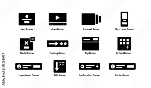 Collection of website banner icons: hero, video, carousel, skyscraper, modal, floating, top, in-feed, leaderboard, side, confirmation, footer