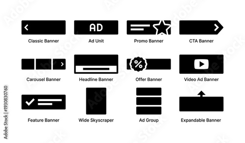 Variety of web banners: classic, ad unit, promo, cta, carousel, headline, offer, video, feature, skyscraper, ad group, expandable