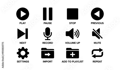 Audio and media control icons: play, pause, stop, settings, record, volume, repeat, import, playlist