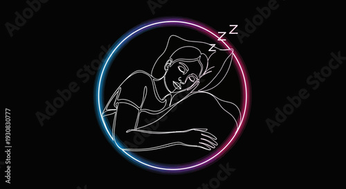 Woman sleeping peacefully is depicted in a continuous line art style enclosed within a dual colored glowing circular frame.