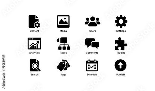 Website interface icons set for content management and seo tools