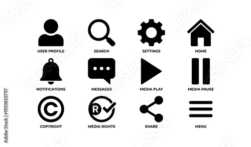 Black icon set: user profile, search, settings, home, notifications, messages, media, copyright