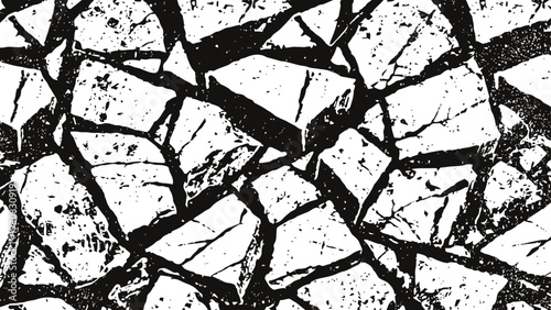 Black and white cracked surface texture abstract shattered pattern with rough fragmented lines distressed grunge background design