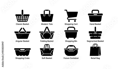 Various shopping basket icons: cart, tote, hand, crate, bag designs