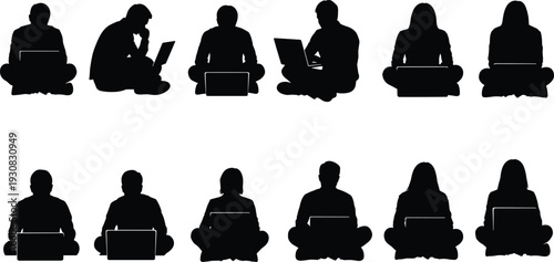 People using laptop silhouettes collection, sitting cross legged poses, black vector illustration of remote work, digital lifestyle, and technology