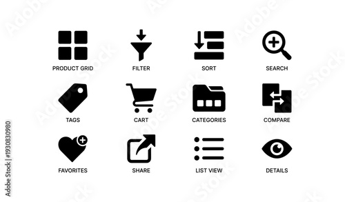 E-commerce icon set: grid, filter, sort, search, tags, cart, categories, compare, favorites