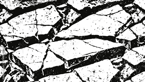 Cracked dry earth surface with irregular fragmented soil pieces in high contrast black and white