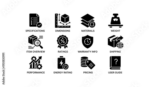 Icons for product specifications and details: dimensions, weight, materials, shipping, warranty
