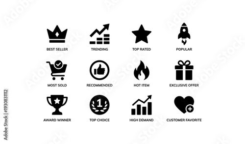 Best seller icons: trending, top rated, popular, exclusive offers, customer favorites