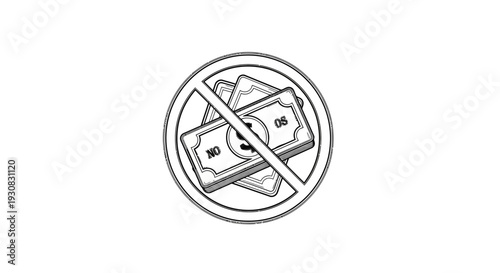 Banknotes are crossed out by a diagonal line inside a circular frame representing a no cash policy.