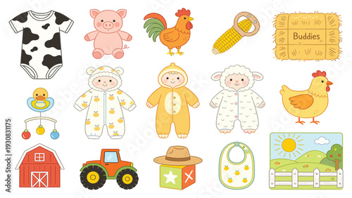 Farm-themed cartoon collection of cute stickers with baby clothes, toys, and accessories in playful design for nursery or children's use