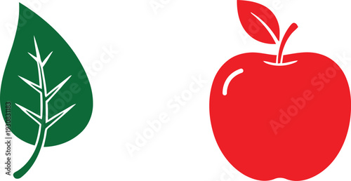 Green leaf and red apple isolated on transparent background