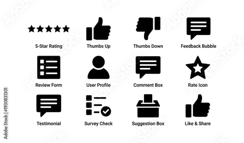 Rating and feedback icons: thumbs up, stars, comment bubble, user profile, survey check