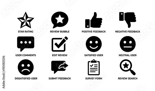 Feedback icons collection: star rating, comments, thumbs up, thumbs down, survey forms