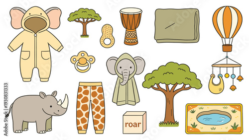 Cartoon Animal Baby Onesies, Giraffe Pants, Mobile, Drum, Tree, and Whimsical Toys in Playroom Design | Collection Illustration