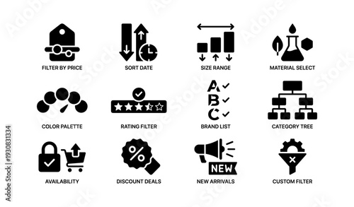 E-commerce interface icons: filters, categories, pricing, and promotions design set