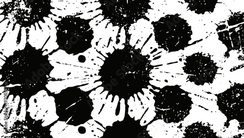 Black and white abstract pattern with overlapping flower shapes in a bold graphic design