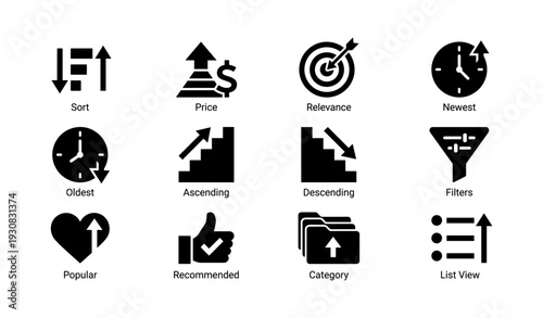 Sorting and filtering icons set for ecommerce and inventory management