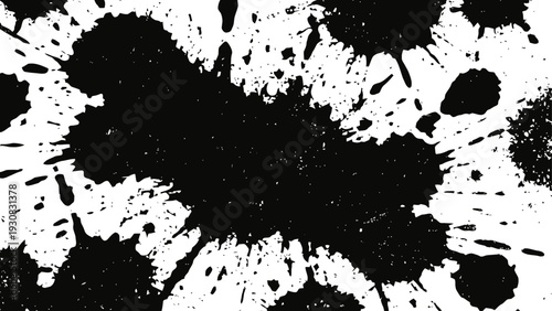 Black ink splatter on white background with random blotches and splashes, abstract artistic design element