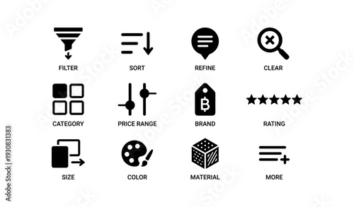 Set of 12 black e-commerce icons for filtering and sorting options