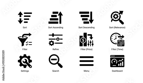Set of interface icons for sorting filtering and settings