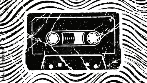 Vintage cassette tape illustration with scratched texture and wavy background design