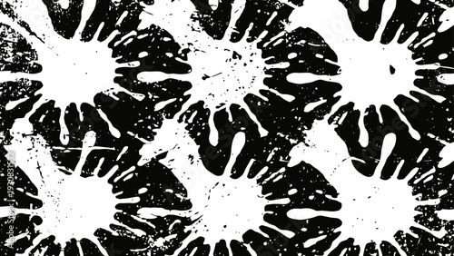 Abstract black and white ink splash pattern with irregular round shapes and textured edges