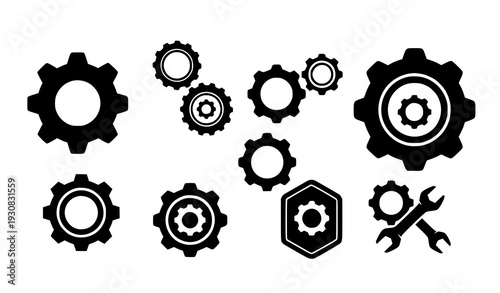 Solid black gear and cogwheel icon vector set