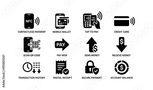 Digital payment icons: contactless, mobile wallets, qr codes, secure transactions